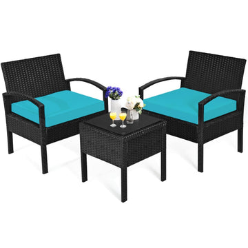 Turquoise 3 Pieces Outdoor Rattan Patio Conversation Set with Seat Cushions 27.5-in L x 23.0-in W x 23.0-in H
