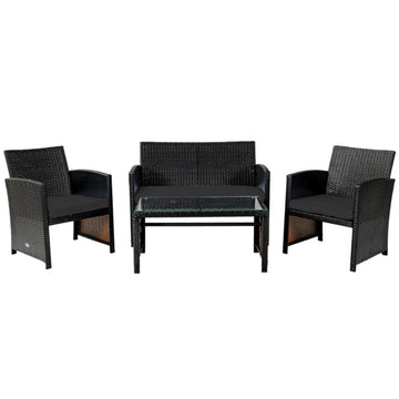 Black 4 Pieces Patio Rattan Cushioned Furniture Set with Coffee Table 46.5-in L x 31-in W x 25-in H