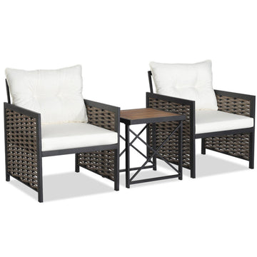 White 3 Pieces Patio Rattan Furniture Set with Acacia Wood Tabletop 31.0-in L x 27.0-in W x 25.0-in H