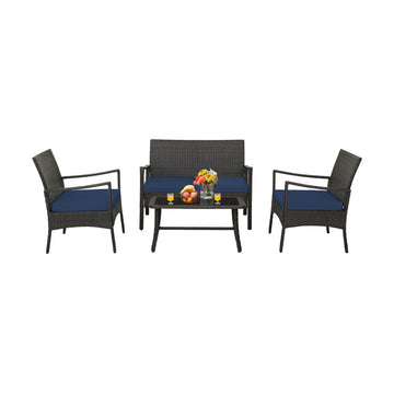 Navy 4 Pieces Outdoor Rattan Conversation Set with Tempered Glass Coffee Table 42-in L x 31-in W x 26.5-in H