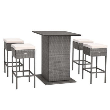 5-Piece Rattan Bar Set with Hidden Storage and Cushions