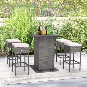 5-Piece Rattan Bar Set with Hidden Storage and Cushions
