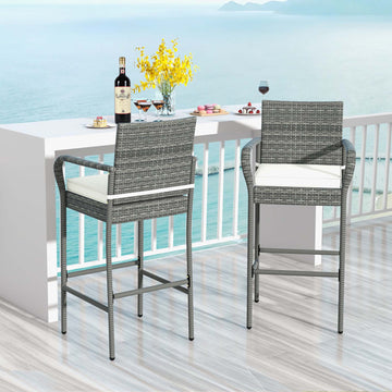 Set of 2 Rattan Bar Stools with Cushions and Footrest