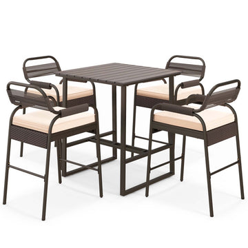5-Piece Rattan Bar Set with Cushions and Polywood Table