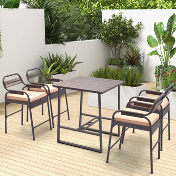 5-Piece Rattan Bar Set with Cushions and Polywood Table
