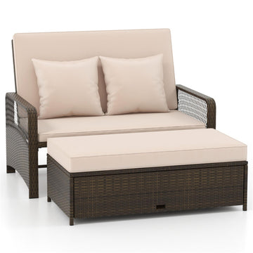 Beige Patio Sofa Adjustable Wicker Daybed with 4-Level Backrest 48.5-in L x 44.0-in W x 35.0-in H