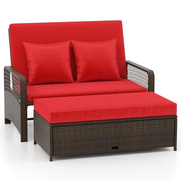 Red Patio Sofa Adjustable Wicker Daybed with 4-Level Backrest 48.5-in L x 44.0-in W x 35.0-in H