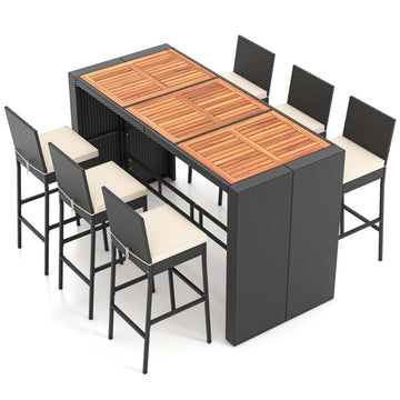 7-Piece Rattan Bar Set with Acacia Wood Table and Stools