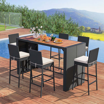 7-Piece Rattan Bar Set with Acacia Wood Table and Stools