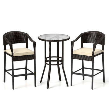 3-Piece Rattan Bar Set with Cushions and Glass Table