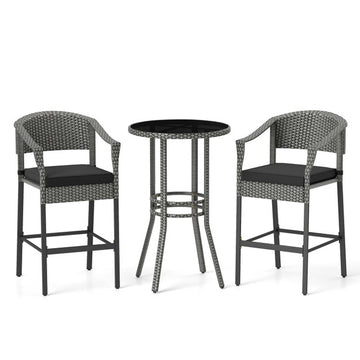 3-Piece Rattan Bar Set with Cushions and Glass Table