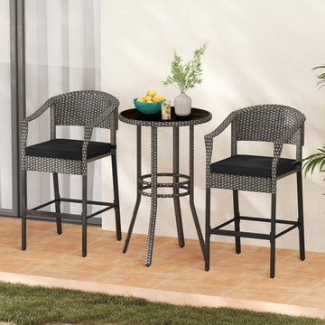 3-Piece Rattan Bar Set with Cushions and Glass Table