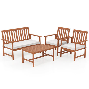 White 4 Pieces Acacia Wood Furniture Set with Seat Cushions and Robust Wood Frame 44-in L x 30-in W x 23-in H