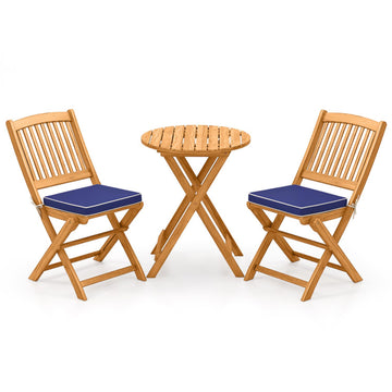 Navy 3 Pieces Acacia Wood Patio Folding Bistro Set with Soft Cushions 33.5-in L x 23.5-in W x 18.5-in H