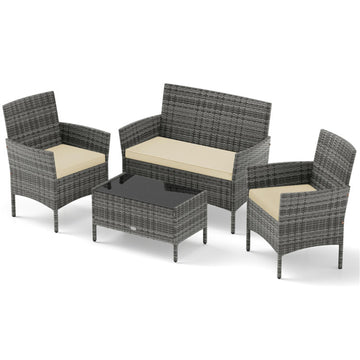 Beige 4 Pieces Patio Rattan Conversation Set with Tempered Glass Coffee Table 39.5-in L x 32-in W x 22.5-in H