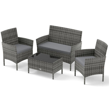 Gray 4 Pieces Patio Rattan Conversation Set with Tempered Glass Coffee Table 39.5-in L x 32-in W x 22.5-in H