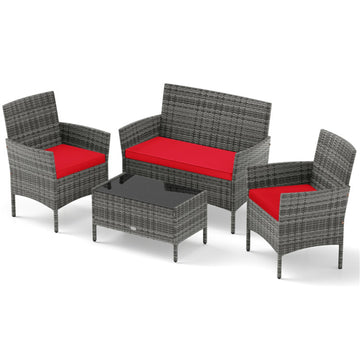 Red 4 Pieces Patio Rattan Conversation Set with Tempered Glass Coffee Table 39.5-in L x 32-in W x 22.5-in H