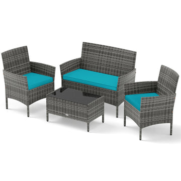 Turquoise 4 Pieces Patio Rattan Conversation Set with Tempered Glass Coffee Table 39.5-in L x 32-in W x 22.5-in H