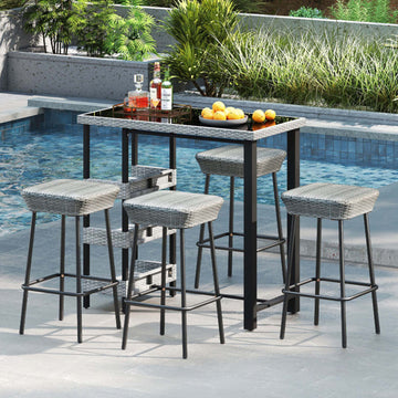 Set of 2 Backless Rattan Bar Stools with Footrest
