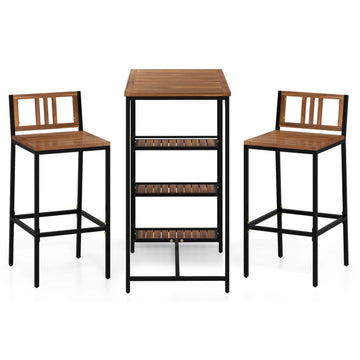 3-Piece Acacia Wood and Metal Bar Set with Shelves