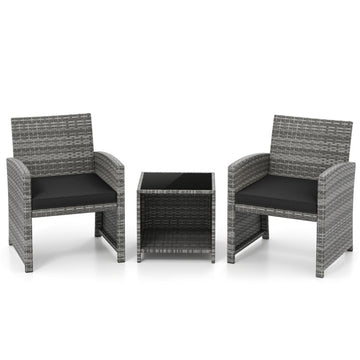 Gray 3 Pieces Patio Furniture Set with Tempered Glass Coffee Table and Soft Seat Cushions 31-in L x 25-in W x 23-in H