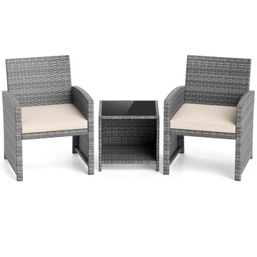 Gray 3 Pieces Patio Furniture Set with Tempered Glass Coffee Table and Soft Seat Cushions 31-in L x 25-in W x 23-in H