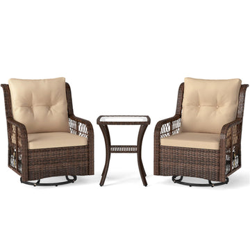 Brown 3 Pieces Patio Furniture Set PE Wicker Swivel Glider Chairs with 2Tier Side Table and 35-in L x 30-in W x 26-in H
