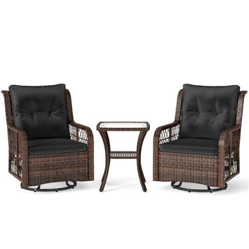 Black 3 Pieces Patio Furniture Set PE Wicker Swivel Glider Chairs with 2Tier Side Table and 35-in L x 30-in W x 26-in H