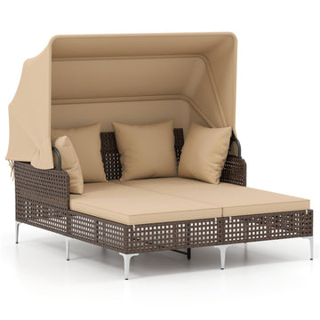 Brown Outdoor Daybed with Retractable Canopy PE Wicker Rattan Patio Lounger 60in L x 545in W x 525in H