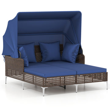 Navy Blue Outdoor Daybed with Retractable Canopy PE Wicker Rattan Patio Lounger 60in L x 545in W x 525in H