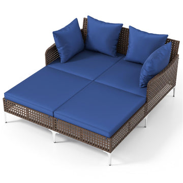 Navy Blue Outdoor Rattan Double Daybed Wicker Chaise Lounge 60in L x 525in W x 275in H
