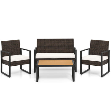 Off White 4 Piece Patio Furniture Set Outdoor Rattan Conversation Set with Cushioned Chairs 42-in L x 30.5-in W x 25-in H