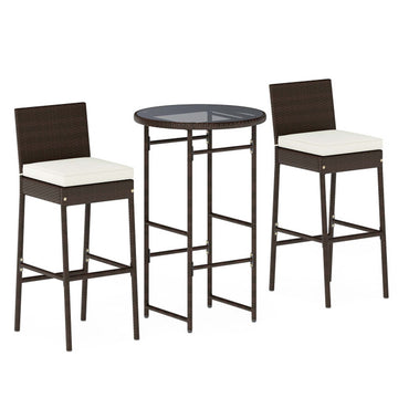 3-Piece Rattan Bar Set with Glass Table and Cushioned Stools