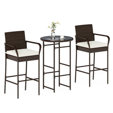 3-Piece Rattan Bar Set with Tempered Glass Table and Cushions