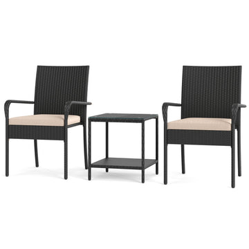 Black 3 Piece Patio Furniture Set with Seat Cushions and Tempered Glass Tabletop 35-in L x 23-in W x 22.5-in H