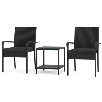 Black 3 Piece Patio Furniture Set with Seat Cushions and Tempered Glass Tabletop 35-in L x 23-in W x 22.5-in H