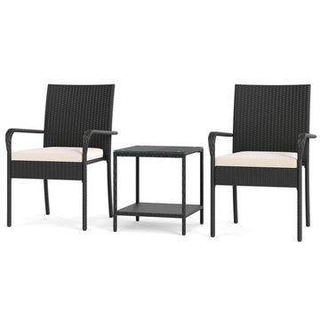 Black 3 Piece Patio Furniture Set with Seat Cushions and Tempered Glass 35-in L x 23-in W x 22.5-in H