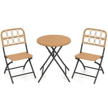 Black 3 Piece Patio Bistro Set Folding Round Table and Chairs with Wicker Seat 33-in L x 19.5-in W x 18-in H