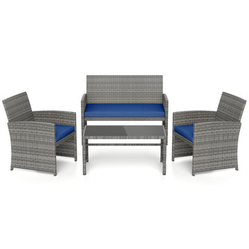 Navy 4 Piece Patio Conversation Set Rattan Chair Loveseat and Table Set-Navy 310-in W x 420-in D x 250-in H