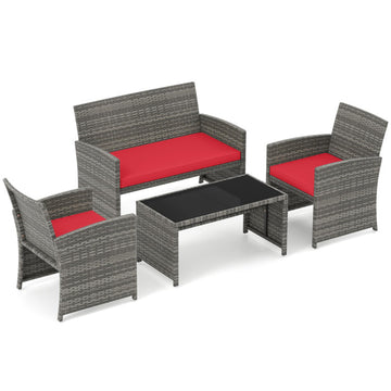 Red 4 Piece Patio Conversation Set Rattan Chair Loveseat and Table Set- 310-in W x 420-in D x 250-in H