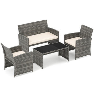 White 4 Piece Patio Conversation Set Rattan Chair Loveseat and Table Set-Off 310-in W x 420-in D x 250-in H