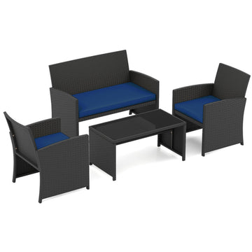 Navy 4 Pieces Patio Furniture Set with Tempered Glass Tabletop and Removable Cushion-Navy 310-in W x 420-in D x 25