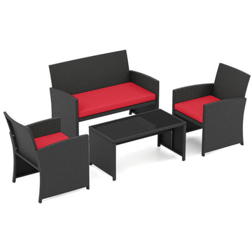 Red 4 Pieces Patio Furniture Set with Tempered Glass Tabletop and Removable Cushion- 310-in W x 420-in D x 250-in H