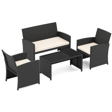 White 4 Pieces Patio Furniture Set with Tempered Glass Tabletop and Removable Cushion- 310-in W x 420-in D x 250-in H