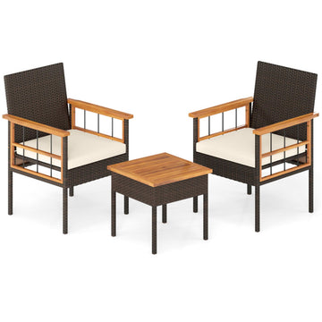 White 3 Piece Wicker Furniture Set with Acacia Wood Tabletop and Armrest for Balcony- 235-in W x 315-in D x 230-in H