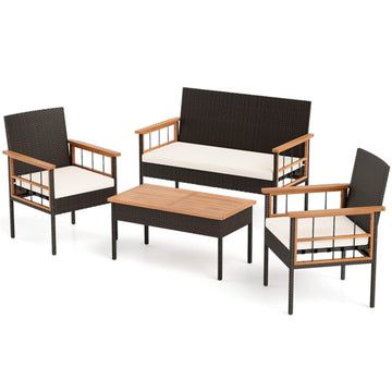 White 4 Pieces Wicker Furniture Set with Acacia Wood Tabletop and Armrests for Porch- 315-in W x 470-in D x 230-in H