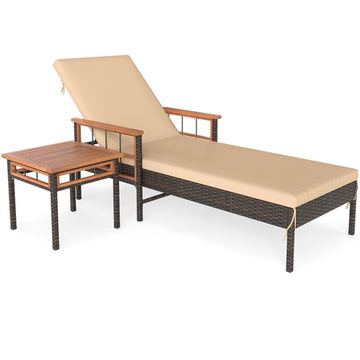 Beige Patio Rattan Chaise Lounge with Side Table and Adjustable Backrest-Beige 320-in W x 790-in D x 275-in H