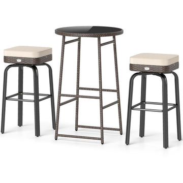 3-Piece Swivel Rattan Bar Set with Glass Table and Cushions