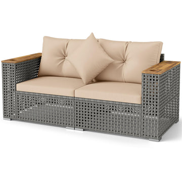 Brown 2-Piece Patio Corner Sofa Set PE Rattan with Thick Cushions 62.5-in L x 27.0-in W x 26.5-in H