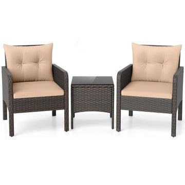 Beige 3 Pieces Patio PE Wicker Furniture Set with Cushions for Porch and Balcony-Beige 250-in W x 290-in D x 230-in H